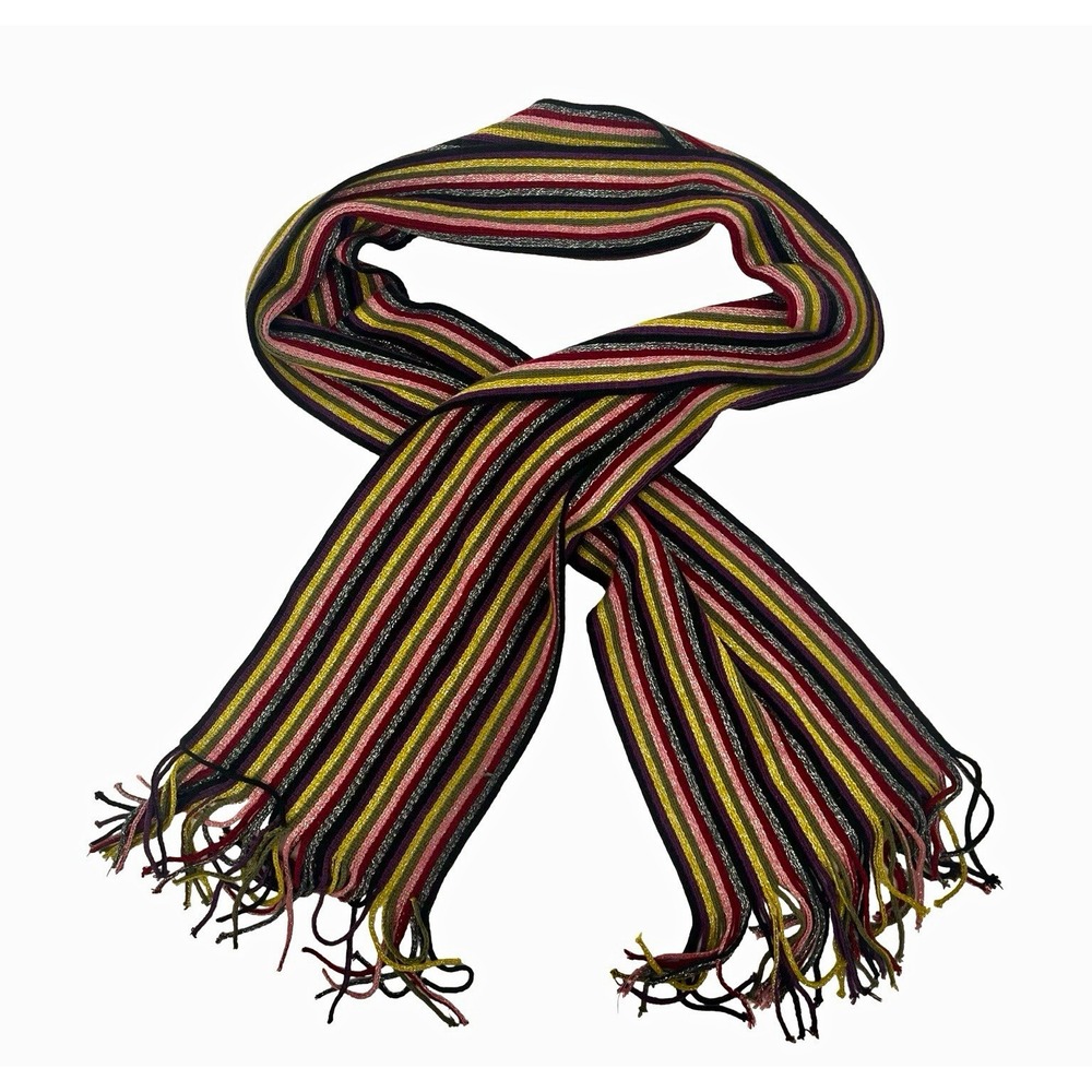 Multicolor Y2K Striped Knit Scarf Fringe Metallic Boho Retro Lightweight 75"